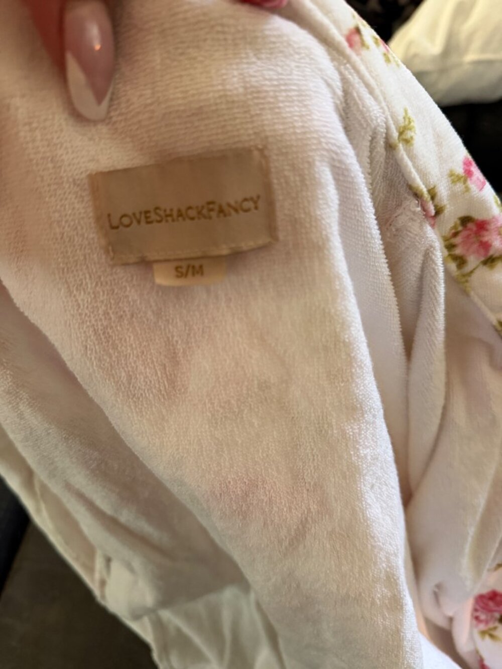 LoveShackFancy Floral Belted Robe S/M Pink & Green Roses Shawl Collar Soft Terry - Picture 5 of 7